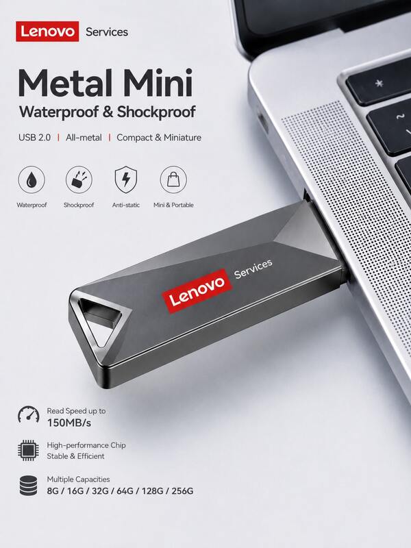 Lenovo Mini Metal USB Flash Drive Portable Waterproof USB Memory Stick High Speed U Disk Suitable For Computer Laptop Car