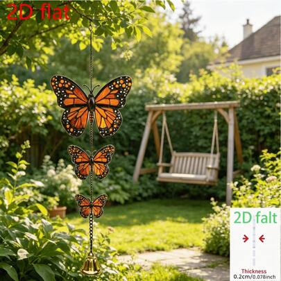 1pc Acrylic 2D Flat Pendant Stained Glass Style Butterfly Wind Chime Hanging Decor, European And American Garden Yard Balcony Decoration, Monarch Butterfly With Bell Hanging Ornament, Comes With Iron Chain And Bell, Features Vibrant 2D Acrylic Design, Perfect As An Elegant Sun Catcher For Home And Garden Decor