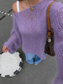 Purple INS Style Fluffy Mohair Pullover Knit Top, Asymmetrical Shoulder Chunky Hollow Out Loose Silhouette Sweater For Travel, Vacation And Daily Wear - Purple - View 1