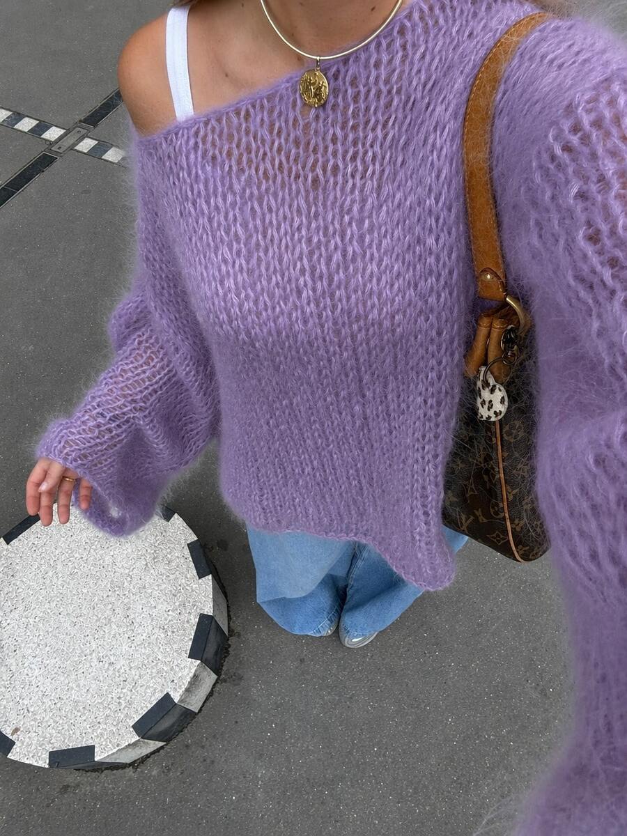 Purple INS Style Fluffy Mohair Pullover Knit Top, Asymmetrical Shoulder Chunky Hollow Out Loose Silhouette Sweater For Travel, Vacation And Daily Wear - Purple - View 1