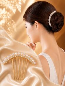 topshiny Peine de pelo elegante con perlas y strass para mujer, horquilla de moño curva dorada, accesorio para peinado de novia y fiesta de boda, peines - 1 - Ver 7