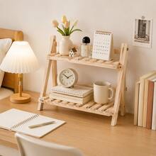 2-Tier Trapezoid Desktop Shelf Handmade Wooden Folding Minimalist Desk Organizer Rack, Trapezoid Desktop Display Shelf, Double-Layer Fixed Storage Rack With Crossbar, Suitable For Bedroom Nightstand, Vanity, Study Room, Dorm, Cafe And More - White - View 1
