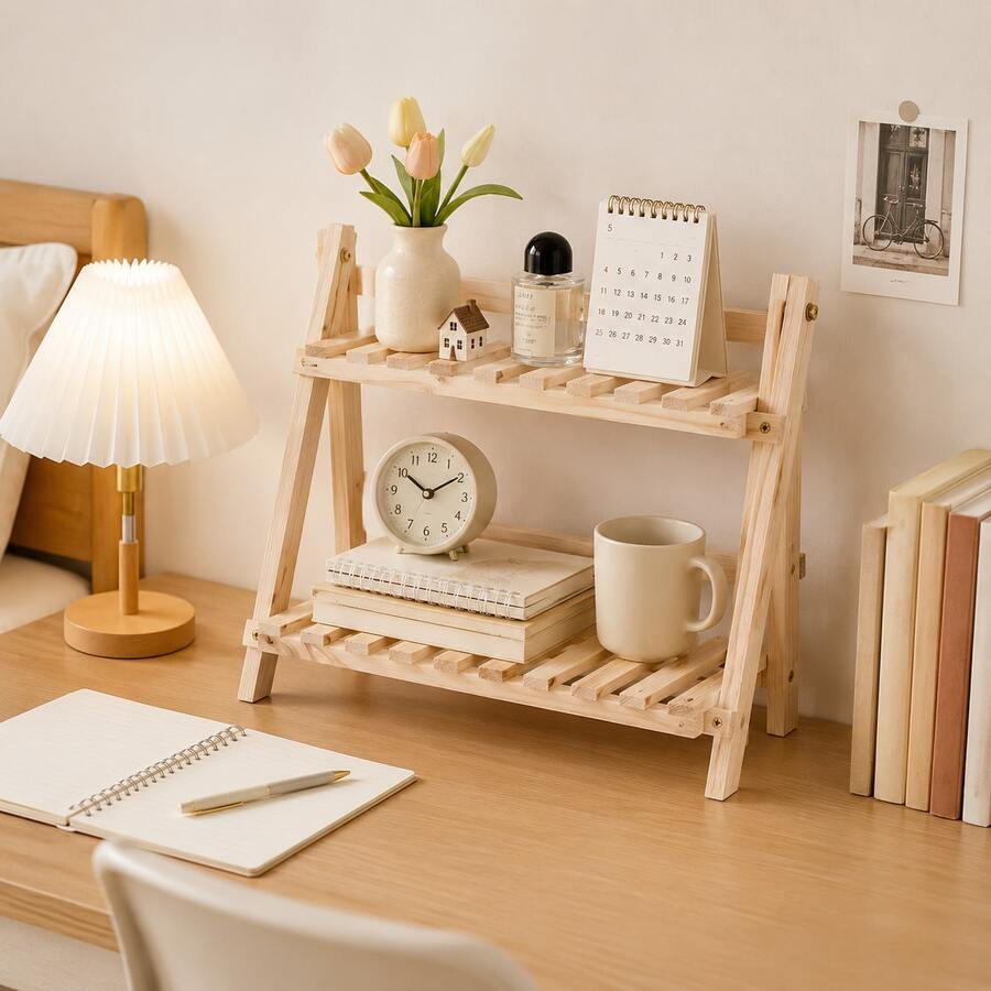 2-Tier Trapezoid Desktop Shelf Handmade Wooden Folding Minimalist Desk Organizer Rack, Trapezoid Desktop Display Shelf, Double-Layer Fixed Storage Rack With Crossbar, Suitable For Bedroom Nightstand, Vanity, Study Room, Dorm, Cafe And More - White - View 1