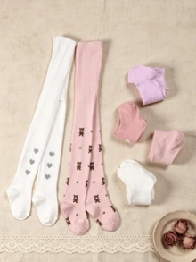 6 Pairs Girls' Knitted Tights, Cartoon Bear & Heart Pattern, Skin-Friendly & Breathable, Spring/Autumn Socks - Multicolor - View 3