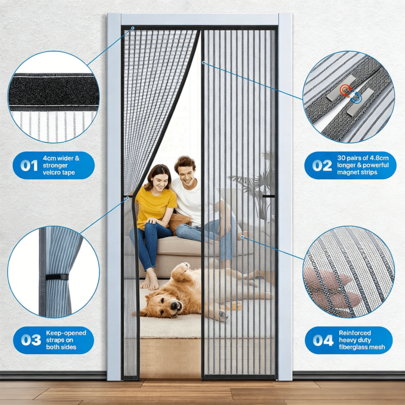 Rèm cửa nam châm cao cấp 2026 mới, chất liệu lưới kim cương, chống mèo cào và chống cắn - thiết kế tự đóng kín không đường nối, rào chắn côn trùng bền bỉ, thân thiện với thú cưng, không cần vận hành thủ công, ra vào dễ dàng