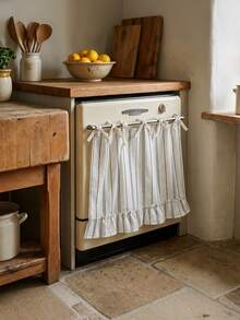 Farmhouse Style Oven Door Curtain With Lace Tie, Semi-Transparent Textured Polyester Kitchen Decor, Decorative Oven Handle Cover Curtain, 30 X 21.3 Inches - Multicolor - View 1