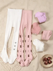6 Pairs Girls' Knitted Tights, Cartoon Bear & Heart Pattern, Skin-Friendly & Breathable, Spring/Autumn Socks - Multicolor - View 4