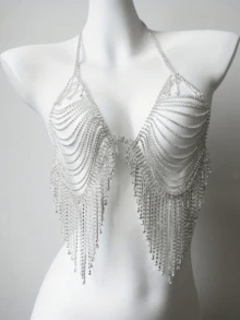 Bohemian Sexy Beach Vacation Bikini Set, Nightclub Shiny Rhinestone Bra And Panty Set With Body Chain - Silver - View 3