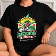 Unisex Black T-Shirt Mexico 2026 El Tri, Mascot Soccer Hat Party Print Short Sleeve Round Neck, Colorful World Cup Fun Streetwear For Women And Men, Patriotic Fan Gift Soft Cotton - 黑色 - 查看 1