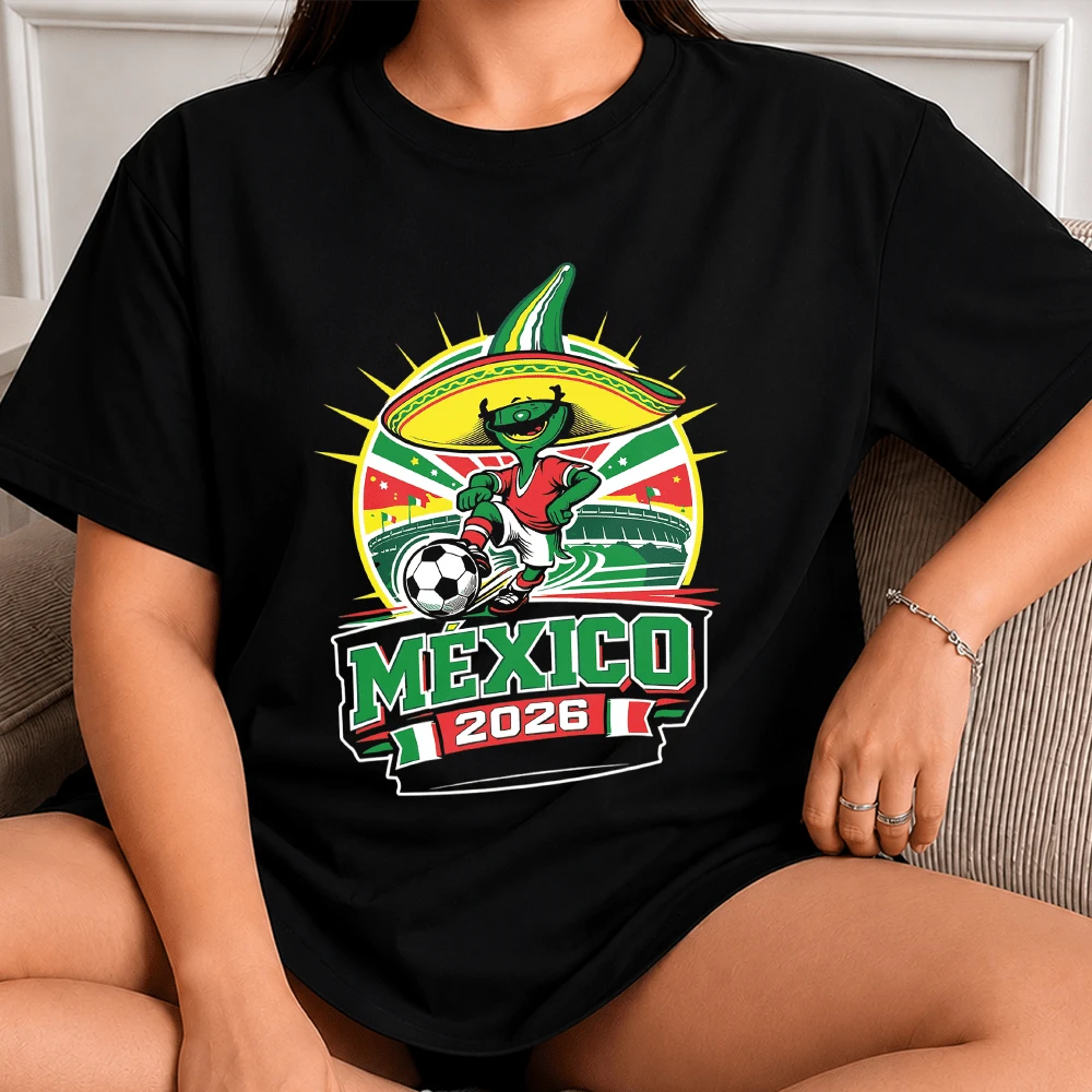 Unisex Black T-Shirt Mexico 2026 El Tri, Mascot Soccer Hat Party Print Short Sleeve Round Neck, Colorful World Cup Fun Streetwear For Women And Men, Patriotic Fan Gift Soft Cotton - 黑色 - 查看 1