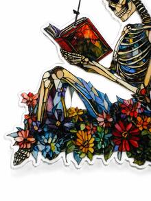 1pc Skull Solar Powered Window Hanging Decor, Floral Skull Reading Book Acrylic Pendant, Gothic Halloween Wall Decoration, Colorful Bohemian Witch Style Window Ornament, Spooky Home Room Porch Door Decor, Horror Fan Seasonal Gift, Garden Style Art Decoration - Style 1 - View 12