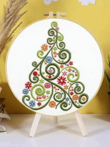 1pc Complete Embroidery Kit 20x20cm/7.9inch Fun Christmas Tree Design Minimalist Classic Pattern Suitable For Adult Beginners Holiday Gift Fabric, Instructions, Embroidery Hoop, Needle And Thread Included Home/Office Decor Stress Relief Craft - A - View 6