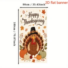 Bannière de fond 2D thème Thanksgiving avec drapeau, présentant des éléments décoratifs de dinde, citrouille et feuille d'érable d'automne. Fabriquée en matériau polyester, elle est facile à utiliser sans alimentation électrique. - 1 - Voir 5