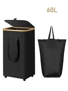 60L/65L/100L/110L 带盖带轮竹制洗衣篮 - 包含可拆卸洗衣袋、带手柄的可折叠脏衣篮、超大容量脏衣篮、可折叠布艺洗衣篮、家用洗衣收纳桶 - 彩色 - 查看 17