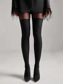 1 Pair Women's Pure Black Patchwork Faux Thigh-High Tights, Versatile All-In-One Pantyhose For Daily Wear - Multicolor - View 5