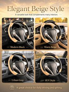 Leather Steering Wheel Cover - Anti-Slip PU Leather With Breathable Microfiber, Universal Fit For 37-38cm Wheels, Premium Stitching, Durable & Comfortable, Multi-Color Options For All Cars, Car Accessories - Leather Patchwork - View 12