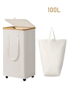 60L/65L/100L/110L 带盖带轮竹制洗衣篮 - 包含可拆卸洗衣袋、带手柄的可折叠脏衣篮、超大容量脏衣篮、可折叠布艺洗衣篮、家用洗衣收纳桶 - 彩色 - 查看 16