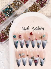 12 Grids Colorful Nail Art Rhinestones, Pink Pointed Bottom Round Pearl, Christmas Colors Transparent Rhinestone Jewel Nail Decorations, DIY Nail Art Supplies Nails Nail Gems - Multicolor - View 2
