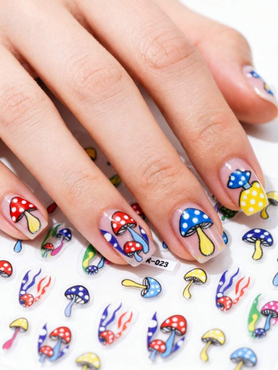 1pc Colorful Cartoon Mushroom Nail Stickers, Self-Adhesive Disposable Embossed Nail Art Decor, Ins Style, Suitable For Holiday Party And Daily Manicure - 彩色 - 查看 1
