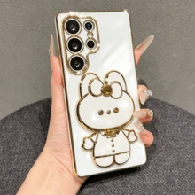 Funda de teléfono de moda de alta gama a prueba de golpes con espejo de maquillaje de conejo lindo chapado en electro, compatible con Samsung Galaxy S26-S20, A02S-A07, A11-A17/A20-A70, Note 7/8/9/10/11/12/13/14/15, A5/A3/A2/A1/9/10/12/13C/14C/15C, Honor Magic 5/6/7 Lite, Reno - Blanco - Ver 4
