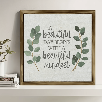 Papan Kayu Datar 2D, Seni Dinding Inspiratif - Kutipan "Hari yang Indah Dimulai dengan Pola Pikir yang Indah", Poster Kanvas Minimalis Modern, Untuk Dekorasi Ruang Tamu, Kamar Tidur atau Kantor, Menambah Ketenangan dan Motivasi, Dekorasi Dinding Inspiratif.