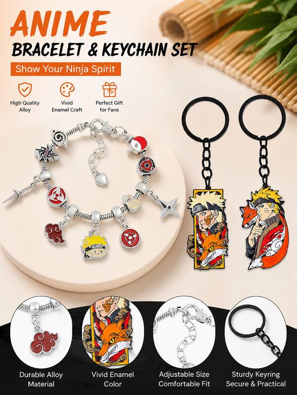 1/3 pezzi Braccialetto con ciondolo anime Naruto Uzumaki, portachiavi volpe a nove code, braccialetto con perline, accessori gioielli cosplay manga giapponese, regalo per fan ninja