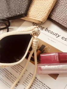 1Pc Summer Straw Woven Coin Purse, Zipper Pouch For Coins Keys Lipstick Earphones, Wrist Portable For Beach Vacation Daily Use, Japanese‑Style Raffia Mini Bag, Ideal Fashion Gift - View 1