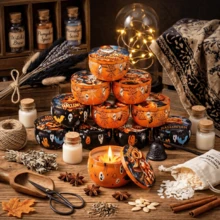 16pcs Halloween Empty Candle Tins With Lids, Random Assorted Pumpkin Ghost Skull Print Round Metal Candle Containers, DIY Candle Making Supplies, Holiday Gift Storage Boxes - Multiple Styles - View 2