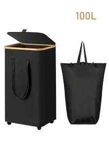 60L/65L/100L/110L 带盖带轮竹制洗衣篮 - 包含可拆卸洗衣袋、带手柄的可折叠脏衣篮、超大容量脏衣篮、可折叠布艺洗衣篮、家用洗衣收纳桶 - 彩色 - 查看 14