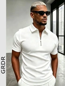 GRDR Herren Sommer Polokragen Halb-Reißverschluss Kurzarm T-Shirt, geeignet für Outdoor, Urlaub und Lässig Bekleidung - Weiss - Übersicht 6