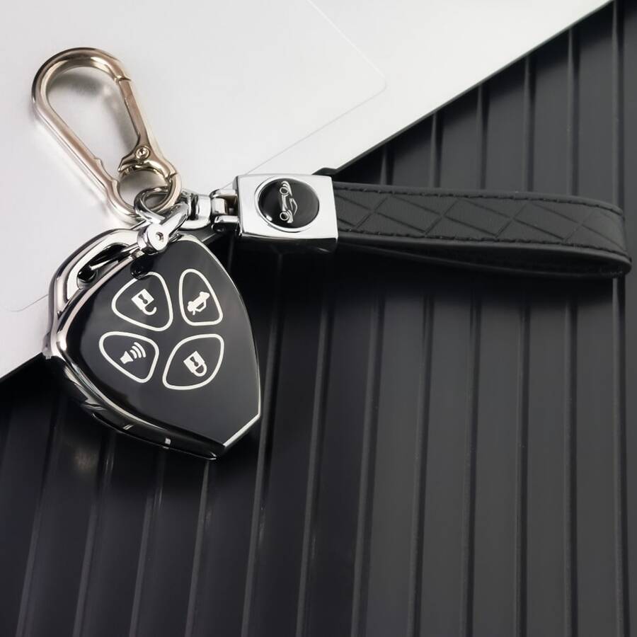 Soft TPU Full Coverage Anti-Drop Gold Edge Premium Key Case With Leather Keychain For Camry, Corolla, Highlander, Reiz, RAV4, Vios, Levin Car Key, Car Decoration Accessory - Key Cover + Car Emblem Cord - View 1