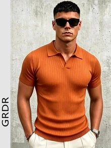 GRDR 男士夏季针织Polo衫，纯色短袖针织领，适合夏季外出穿着，时尚穿搭必备单品 - 橘色 - 查看 6