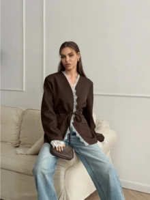 Women's Brown Lace Trim Blazer With Belt, Slim Fit Long Sleeve, Suitable For Autumn/Winter Casual Wear - Brown - View 4