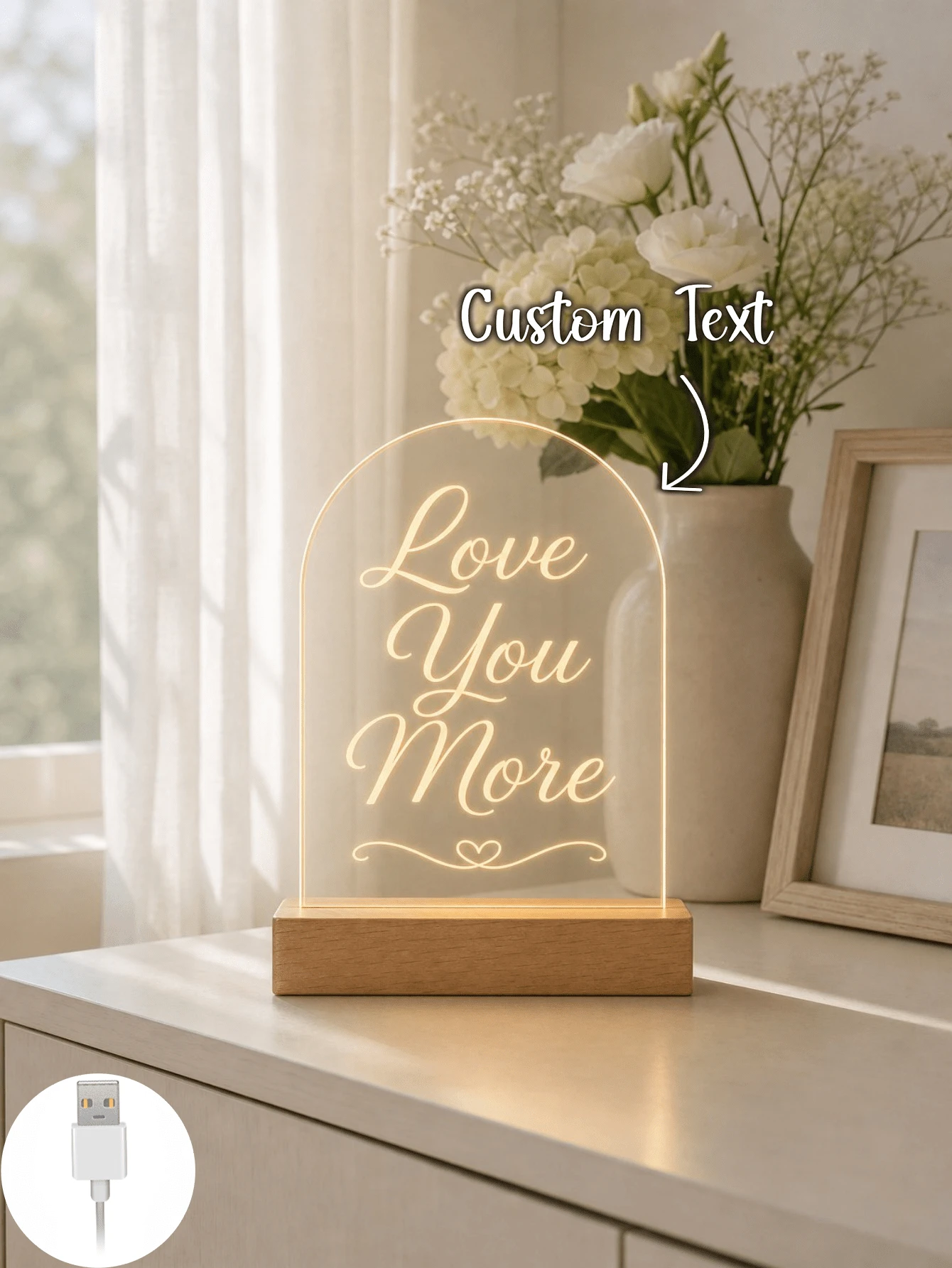 1件客製化拱形壓克力LED燈,附個性化文字「Love You More」透明愛心飾板與溫潤木質底座,浪漫床頭小夜燈,情侶週年、婚禮、情人節禮物,附禮盒,臥室書桌裝飾 - 多色(款式5) - 查看 1