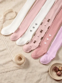 6 Pairs Girls' Knitted Tights, Cartoon Bear & Heart Pattern, Skin-Friendly & Breathable, Spring/Autumn Socks - Multicolor - View 5
