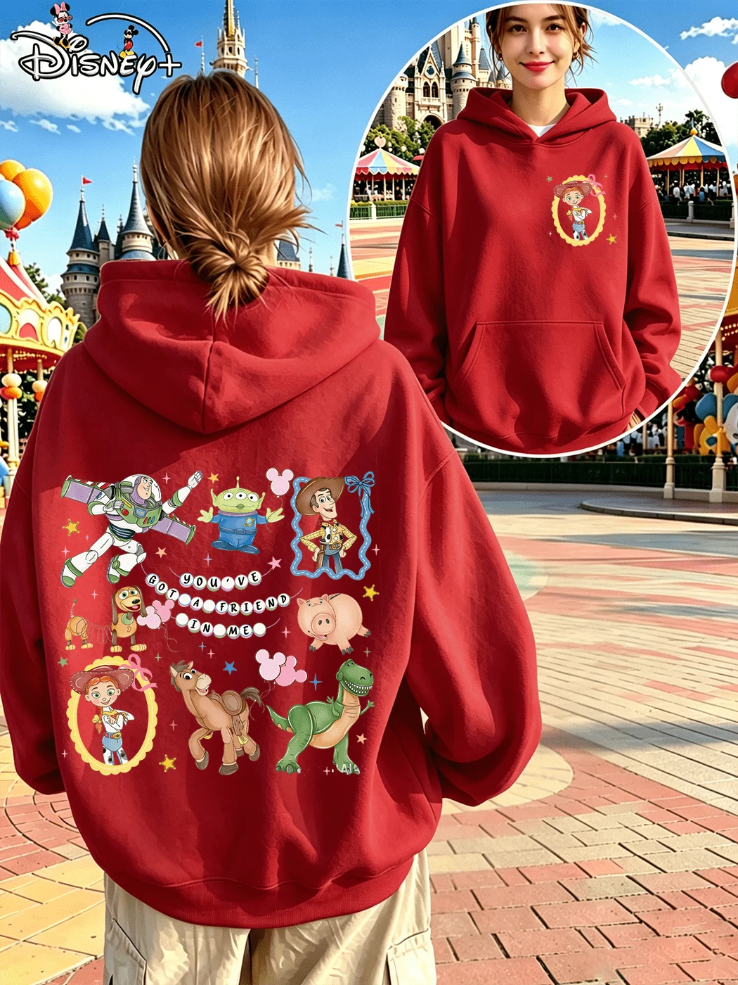 Disney Toy Story Buzz Woody Retro Fun Print Red Hooded Sweatshirt For Women (Women's Autumn/Winter Clothing/Plus Size Friendly) - 紅色 - 查看 1