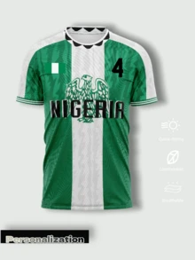Nigeria Vintage Heimtrikot, Grün und Weiß vertikale Streifen mit "NIGERIA" Muster, personalisierter Name und Nummer, Sommer Herrenbekleidung Sport - Grün - Übersicht 2
