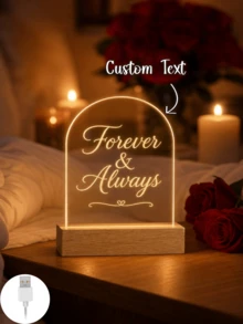 1件個性化拱形壓克力LED小夜燈，可客製文字，Forever & Always Love 牌飾搭配溫潤木質底座，浪漫情侶紀念燈，週年紀念、婚禮、情人節禮物，USB供電，臥室床頭櫃家居裝飾 - 多色(款式3) - 查看 5