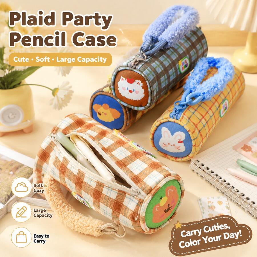 1 Pc Cute Striped Cylindrical Party Pencil Case Checkered Stylish Stain-Resistant Stationery Pouch Storage Organizer For School Office Supplies Cosmetic Bag Travel Accessories Portable Student Gift - View 1