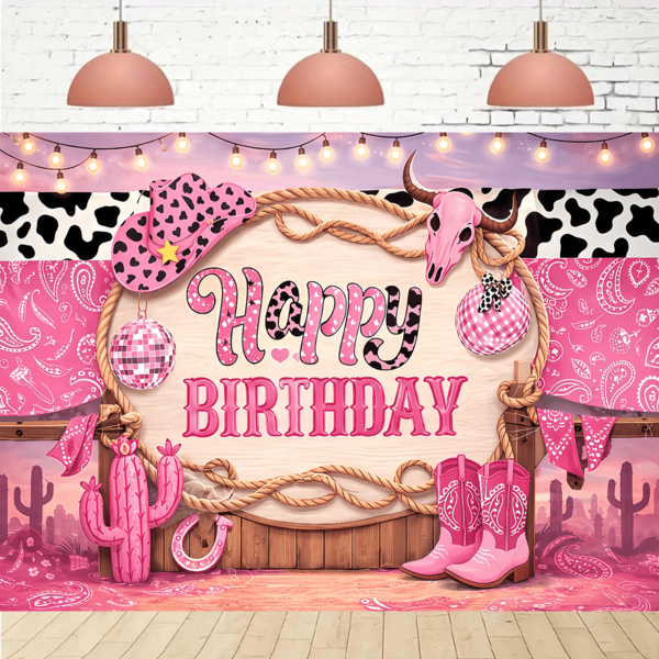 1 pieza Fondo de temática de cumpleaños estilo vaquero occidental rosa, textura de piel de vaca con patrón de botas vaqueras y cactus, adecuado para cumpleaños, boda, fiesta vaquera, estilo granja campestre, decoración de porche/entrada exterior e interior del hogar, suministros para fiesta de temática occidental