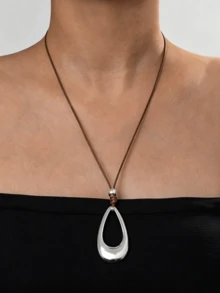 Old Money Bohemian Minimalist Open Teardrop Pendant Necklace, Brown Adjustable Braided Cord Gold-Plated Exaggerated Jewelry, Women's Daily Vacation Premium Accessory Gift - Yellow Gold - View 6