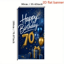 2D Flat Flags, 70th Birthday Theme Banner Background, Navy Blue Background With Gold And Blue Balloons, Fireworks, And Gift Boxes Elements. Made Of Polyester Material, Easy To Hang And Simple To Operate. - 1 - View 5