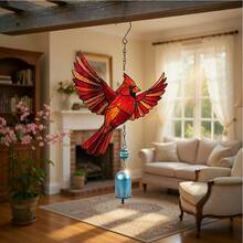 2D Flat Single Piece Red Bird Acrylic Wind Chime Lantern 6.69 X 13.39 Inches | Red Bird With Wings, Chain And Bell | Acrylic Outdoor Garden Yard Window Decor - Multicolor - View 2