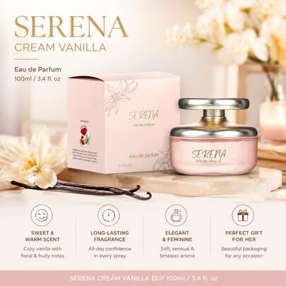 MODESS SERENA CREAM VANILLA Women Eau De Parfum 100ml/3.4fl.Oz, Long Lasting Creamy Oriental Gourmand Fragrance, Pistachio Caramel Vanilla Cocoa Tonka Bean Sandalwood Warm Spicy Scent,– Ideal Gift For Girlfriend, Best Friend, Mom