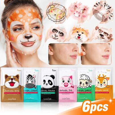 SADOER [6Pcs]  Fun Animal Printed Sheet Mask Set, Cute Dog Panda Pig Facial Mask For Hydrating & Soothing, Brightening Face Mask Skin Care Variety Pack