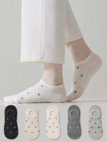 ZUJO 5 pares de calcetines cortos para mujer, con estampado de lazo, cómodos, adecuados para primavera, otoño, verano y uso diario, sencillos y lindos, color aleatorio - Multicolor - Ver 3