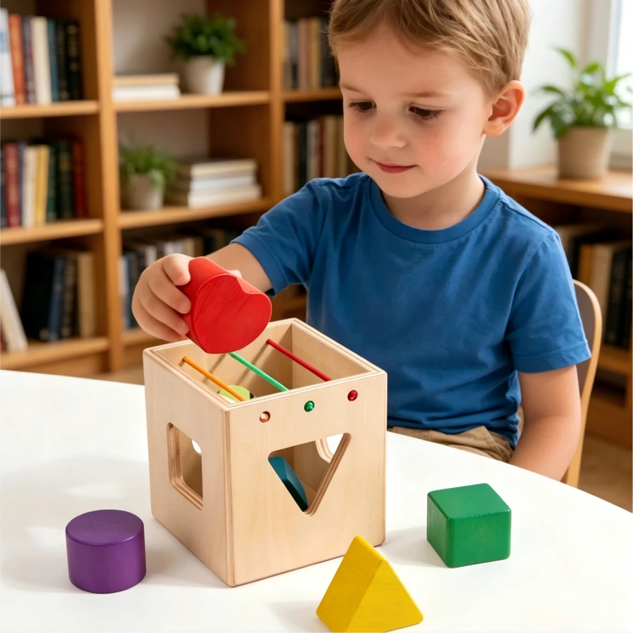1 Set Wooden Shape Matching Montessori Early Education Toy, Geometric Shape & Color Recognition, Multi-Hole Design For Hand-Eye Coordination Training, Educational Enlightenment Teaching Aid, Suitable For Parent-Child Interaction & Role Play - 彩色 - 查看 1