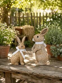 1pc Easter Bunny Decorations Woven Rabbit Figurines Spring Farmhouse Decor Rustic Bunny Ornament For Home Tabletop Shelf Mantel Garden Patio Porch Centerpiece - A - View 3