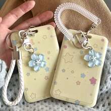 1 Set Photo Card Holder, PC Card Case K-Pop ID Holder, With Keychain And Blue Floral Charm Hard Shell Photo Protector (Yellow) - Star Pattern Card Holder + Lanyard + Pendant - View 6