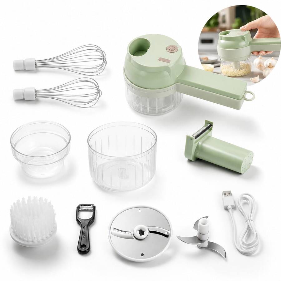 4 In 1 Handheld Electric Vegetable Cutter Set, Wireless Mini Food Processor With Cleaning Brush & Whisk, Portable Green Garlic Chopper & Meat Grinder For Onion Chili Ginger,Garlic Press,Meat Grinder,Vegetable Cutter,Food Chopper,Electric Slicer